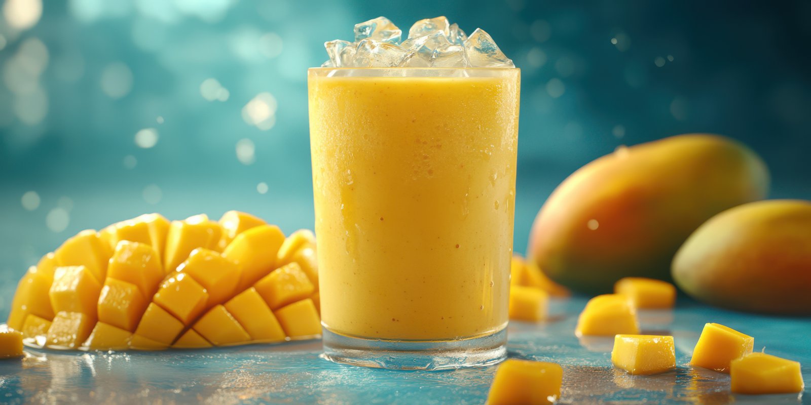 Refreshing mango smoothie with ice cubes served in a clear glass, accompanied by fresh mango slices on a vibrant blue background